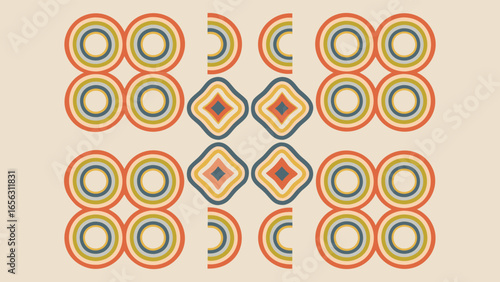 Retro pattern with circles semicircles and rounded diamonds in a symmetrical arrangement on beige background