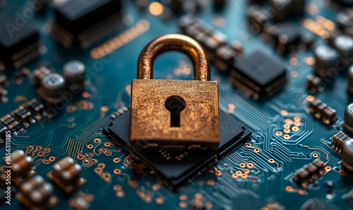 Cybersecurity concept depicted with a padlock on top of a microchip board, symbolizing the protection of digital assets and secure connections in the ever-evolving world of technology, Generative AI