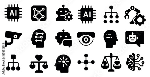 Ai and robotics filled icons set – solid, technology, automation symbols