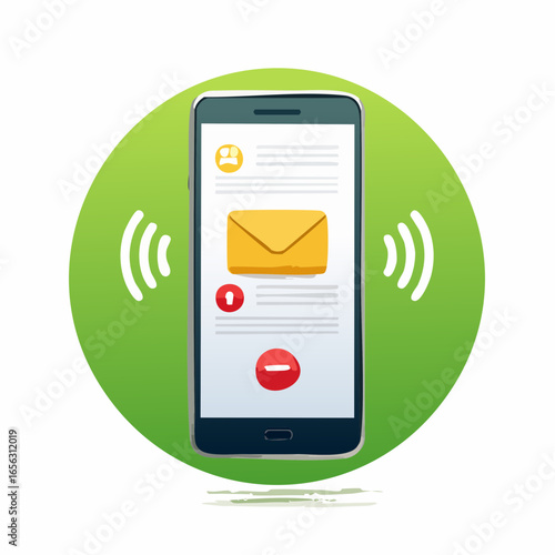 Editable vector of a smartphone receiving a notification, isolated on a green screen for use in motion graphics and UI demos