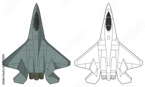 Set Sukhoi SU-75 military aircraft design in line art and colored style from top view. Vector illustrations russia colorful fighter jet su 75. Outline drawing modern ussr combat aircraft.