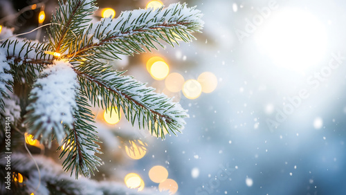 Close up of a snow covered pine branch with bokeh lights
