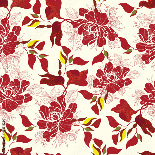Elegant Chinoiserie-style seamless pattern with red peony flowers. This luxurious, hand-drawn botanical design features intricate line art, perfect for sophisticated wallpaper or high-end fabric