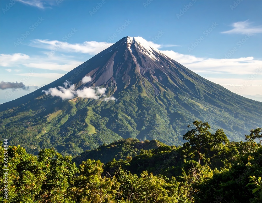 Fototapeta premium Volcanic peak rising above lush landscape