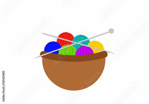 Flat vector bowl of colorful yarn and knitting needles
