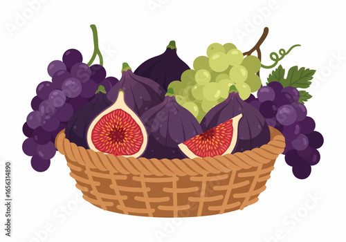 Flat vector basket full of fresh purple figs and green grapes