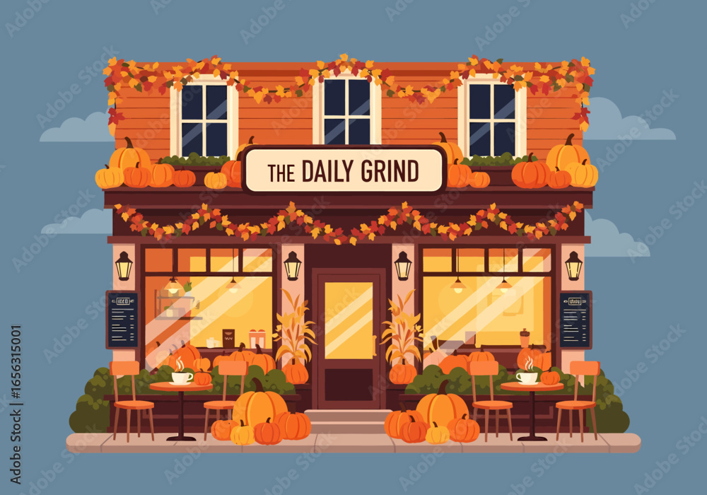 Obraz premium Flat vector illustration of a cozy autumn coffee shop exterior