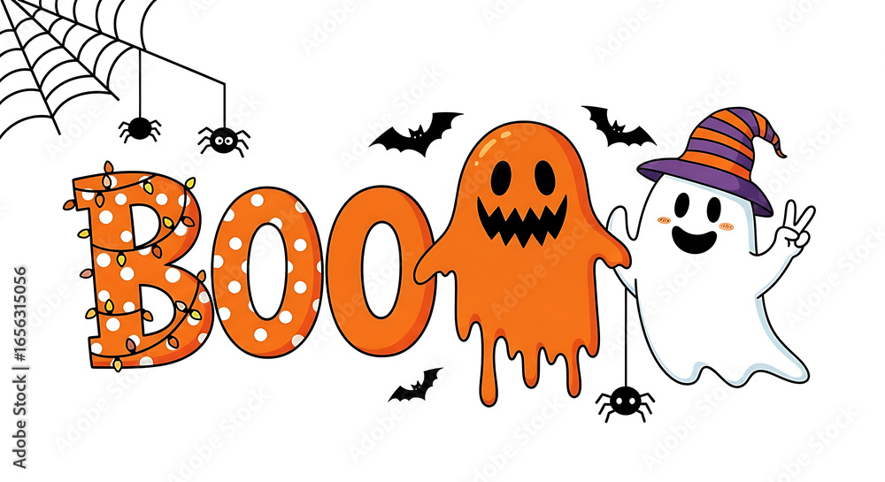 Fototapeta premium Halloween illustration with word BO made of lights and dripping orange ghost text lettering