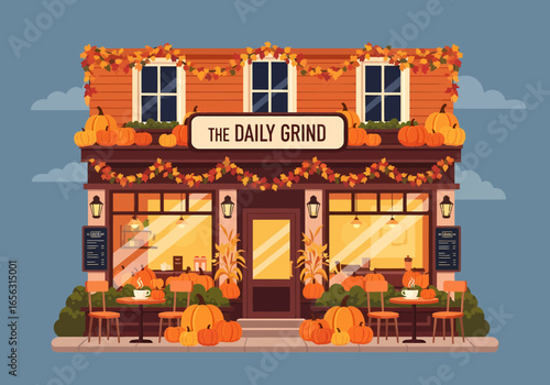 Flat vector illustration of a cozy autumn coffee shop exterior