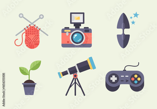 Flat vector icons for hobbies and leisure activities