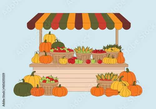 Vector farm stand overflowing with fresh autumn produce