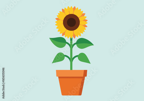 Flat vector sunflower plant in terracotta pot on blue background