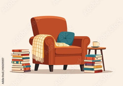 Vector illustration comfortable armchair with books and coffee