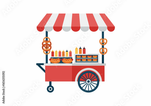 Flat vector hot dog cart with pretzels and condiments
