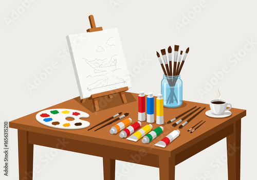 Illustration of artist's table with painting supplies and canvas