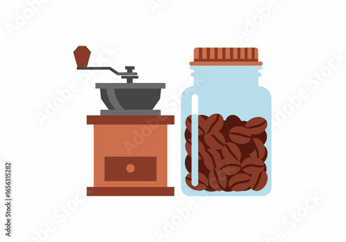Flat vector vintage coffee grinder next to jar full of roasted coffee beans