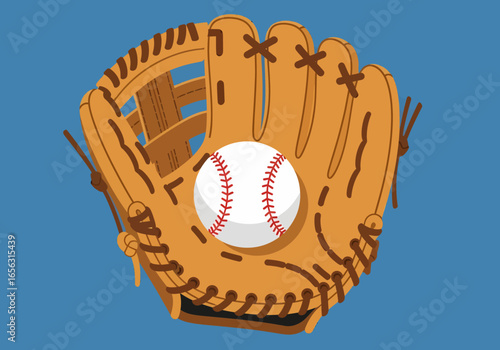 Flat vector baseball glove holding a white ball