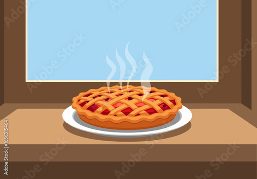 Flat vector delicious hot berry pie cooling on windowsill