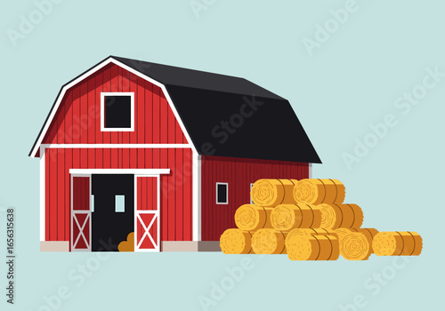 Flat vector red barn with hay bales