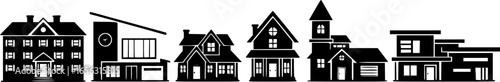Simple black silhouettes of various house styles
