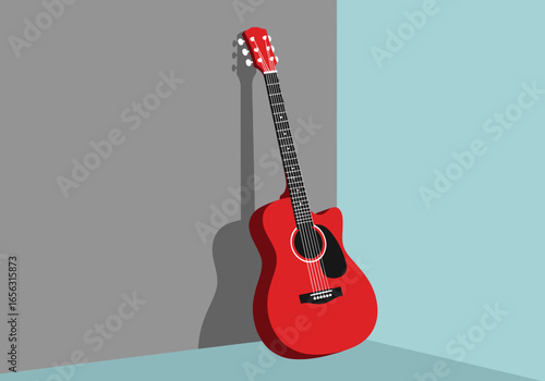 Flat vector red acoustic guitar leaning against wall