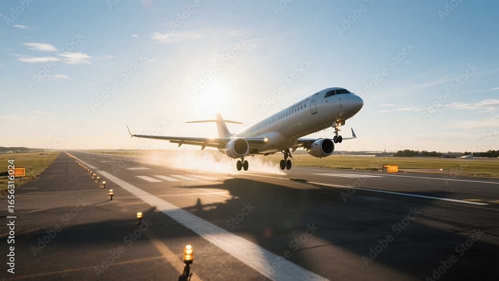 Naklejka premium Commercial Jet Airplane Taking Off From Airport Runway at Sunset