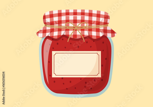 Flat vector jar of sweet strawberry jam with checkered cloth lid