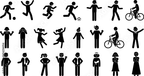 Diverse stick figure poses showing various actions and emotions
