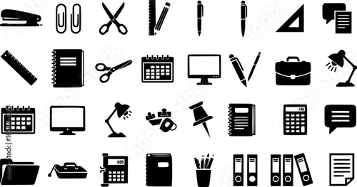 Collection of black office supplies and stationery icons
