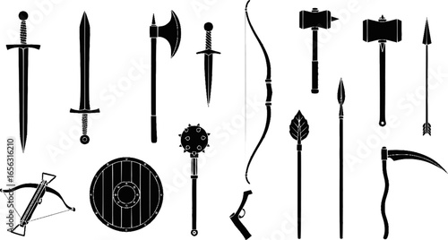 Collection of medieval weapon silhouettes for fantasy and gaming
