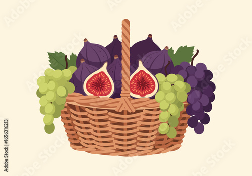 Flat vector basket overflowing with fresh figs and grapes