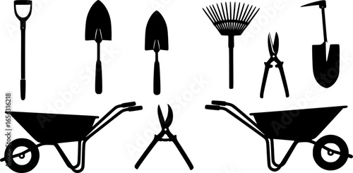 Collection of black silhouette garden tools and wheelbarrows
