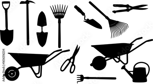 Collection of black silhouette garden tools and wheelbarrows
