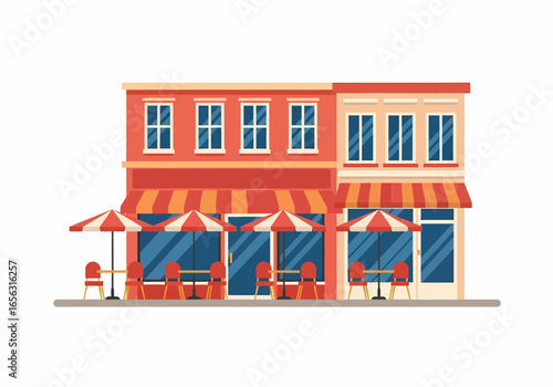 Flat vector street view of a cafe with outdoor seating