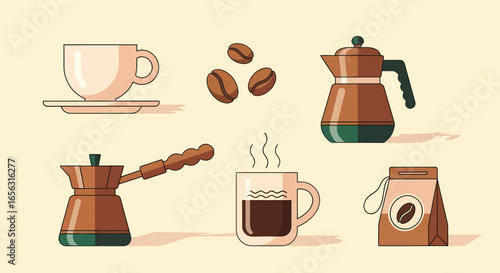 Flat vector coffee set with cup and beans