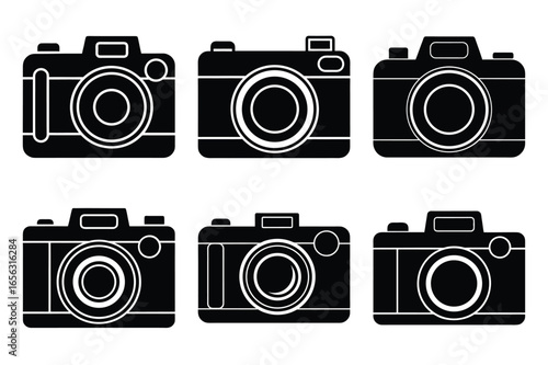 set of black graphic icons of vintage cameras on white background retro camera photography