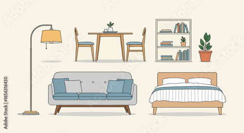 Flat vector illustration of cozy modern home interior furniture set