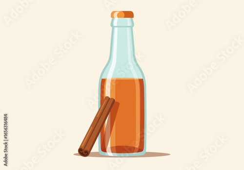 Glass bottle filled with amber liquid and cinnamon sticks