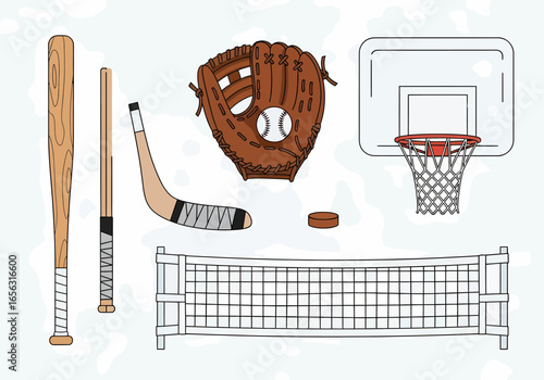 Flat vector sports equipment collection with baseball hockey and basketball items
