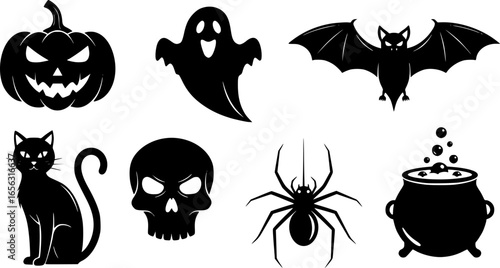 Halloween icons silhouette collection featuring pumpkin ghost bat skull cats and witch hat
