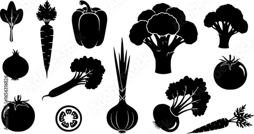 Collection of black vegetable silhouettes on a white background
