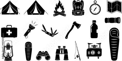 A collection of black silhouette icons representing essential camping equipment for outdoor adventures and survival.

