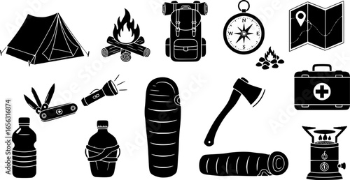 A collection of black silhouette icons representing essential camping equipment for outdoor adventures and survival.
