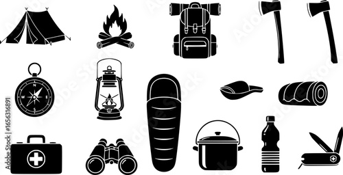 A collection of black silhouette icons representing essential camping equipment for outdoor adventures and survival.
