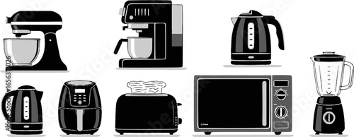 Collection of modern kitchen appliances in silhouette style
