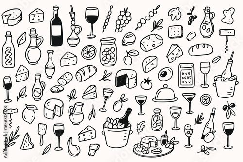 Charming hand drawn italian pasta and mediterranean food elements for summer parties weddings and coastal themed designs