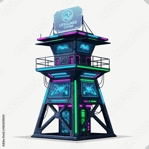 Futuristic neon lifeguard tower illustration with modern beach style