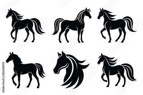 set of black horse silhouettes in various poses on white background animal