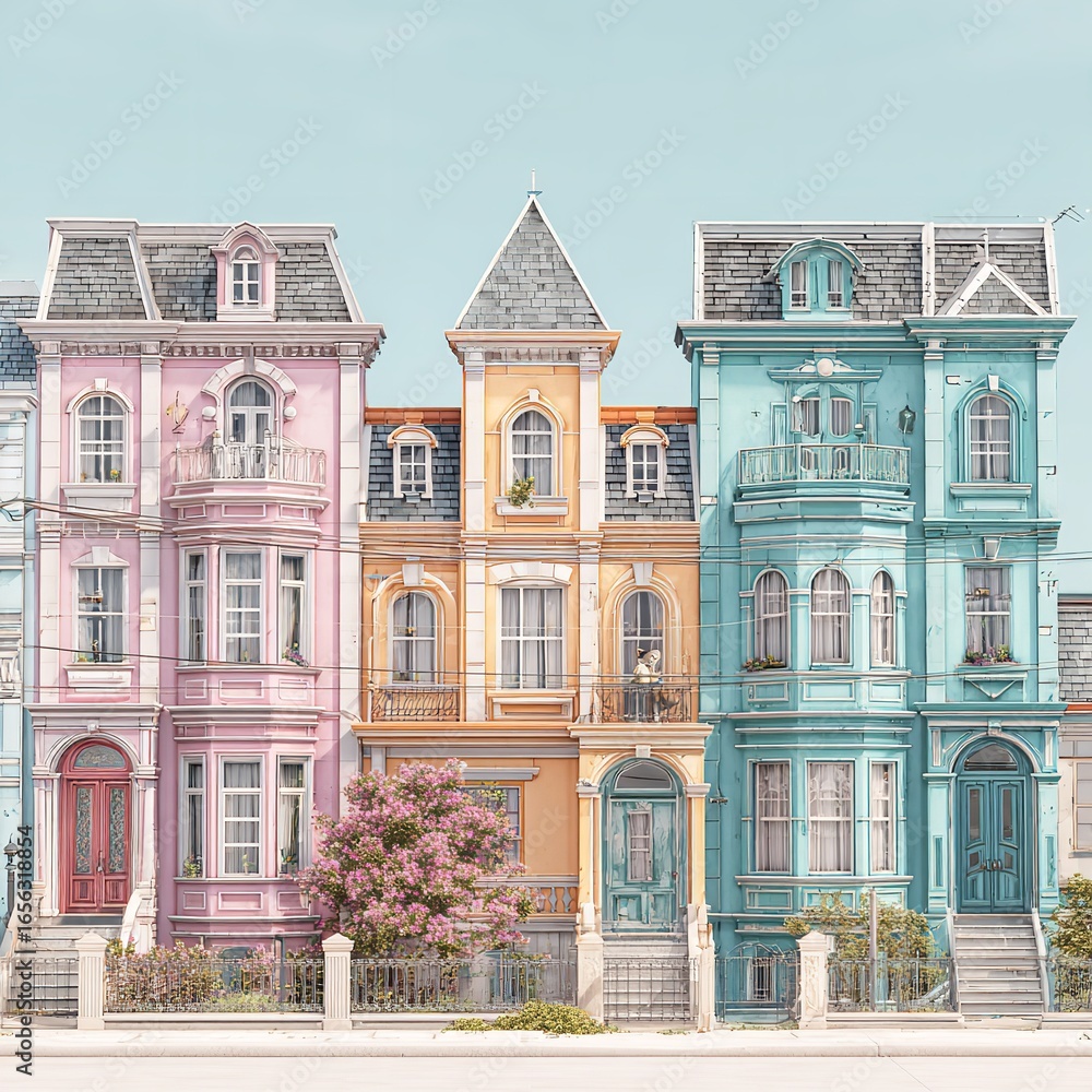 Fototapeta premium Charming row of colorful Victorian houses with ornate architectural details under a soft blue sky