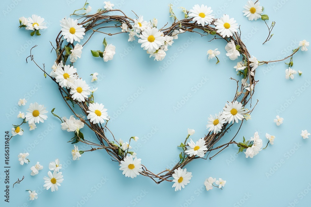 Obraz premium Heart-shaped wreath of twigs and pastel flowers on light blue background, symmetrical floral frame with empty center space for text